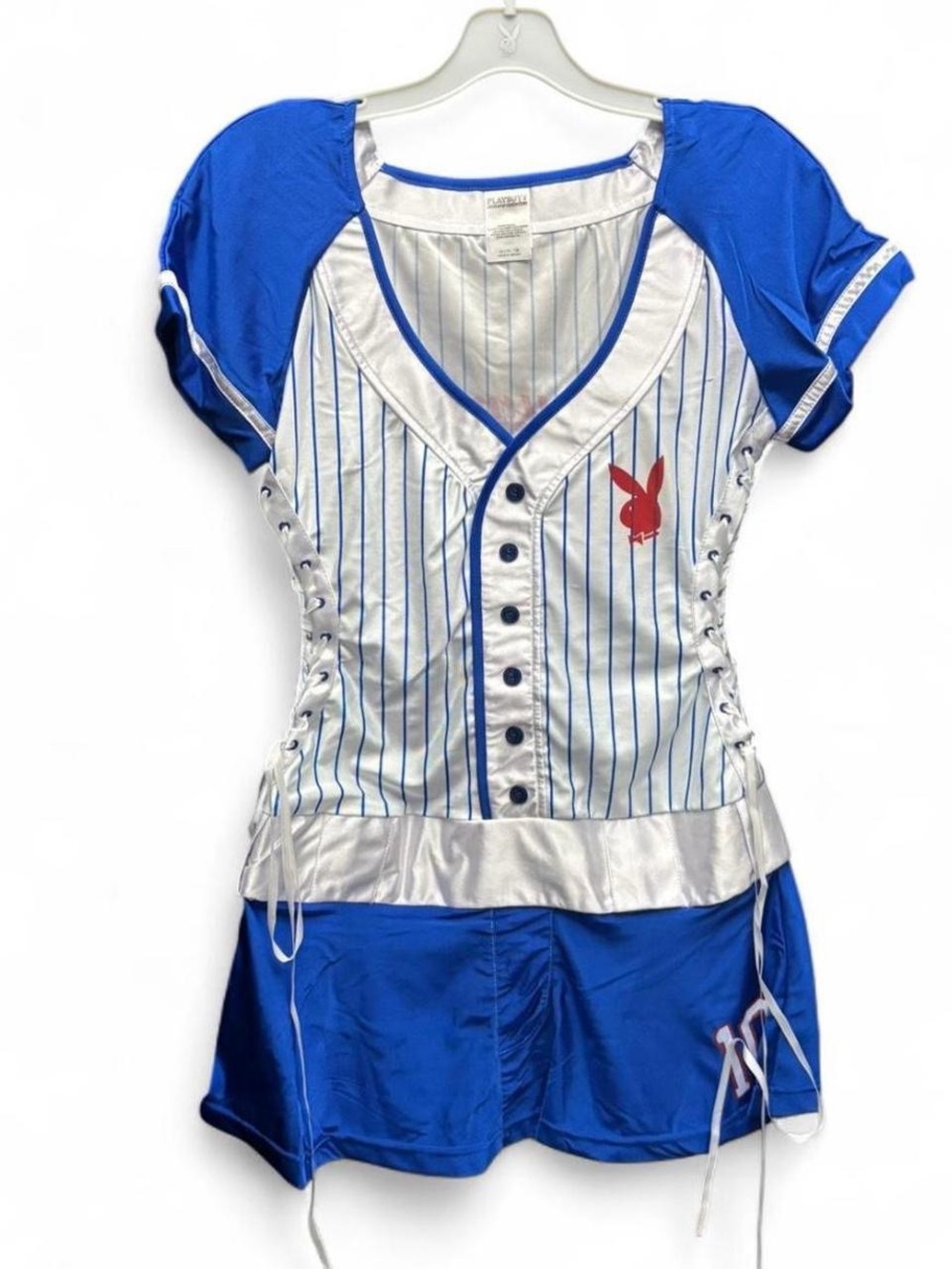 Officially licensed PLAYBOY Blue Pinstripe Baseball Home Run Hottie Costume - Picture 3 of 6